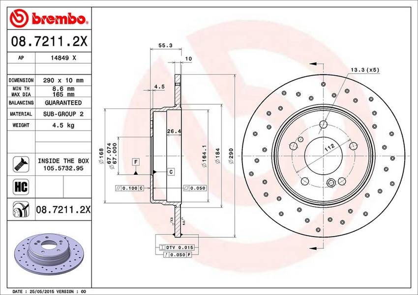 Mercedes Brembo Disc Brake Rotor - Rear (290mm) 210423101264